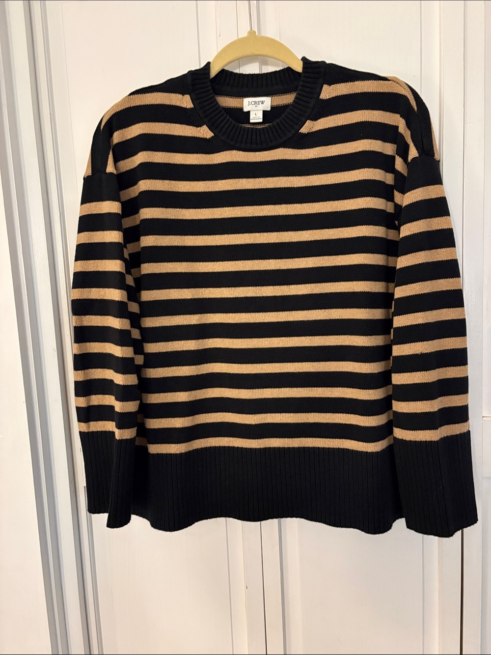 J. Crew Black and Tan Striped Crewneck Sweater